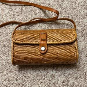 Woven Rectangle Bamboo Shoulder Bag with leather trim